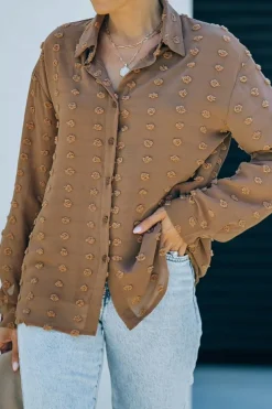 New Dear-Lover Long Sleeve Button Fuzzy Polka Dot Shirt Brown
