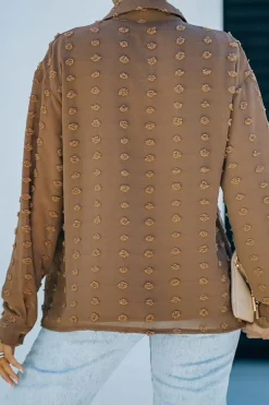 New Dear-Lover Long Sleeve Button Fuzzy Polka Dot Shirt Brown