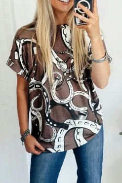 Best Dear-Lover Lucky Horseshoes Graphic Dolman T-shirt Brown