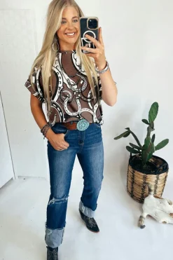 Best Dear-Lover Lucky Horseshoes Graphic Dolman T-shirt Brown