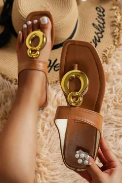Online Dear-Lover Metal Rings Decor Square Toe Flat Slippers Brown