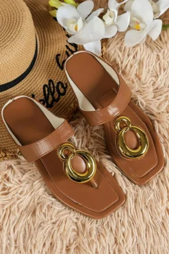 Online Dear-Lover Metal Rings Decor Square Toe Flat Slippers Brown