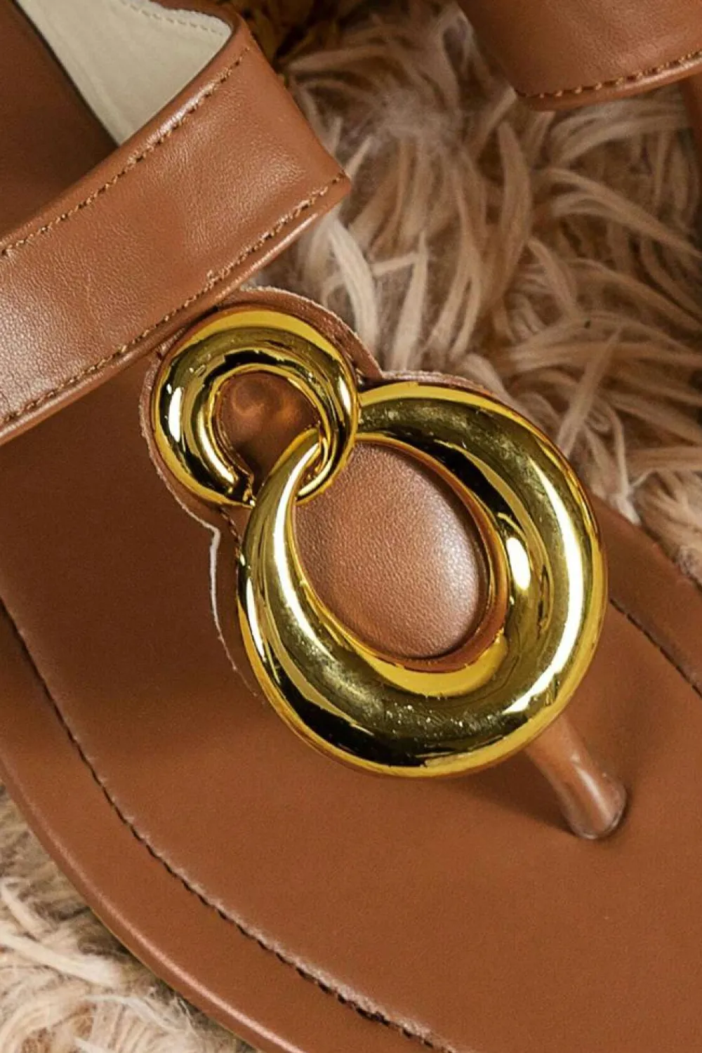 Online Dear-Lover Metal Rings Decor Square Toe Flat Slippers Brown