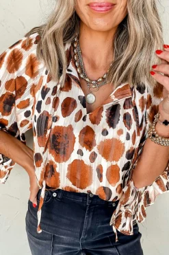 Best Dear-Lover Metallic Threading Accents Pleated Abstract Printed Ruffled 3/4 Sleeve Blouse Brown