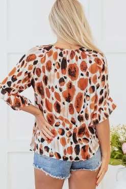Best Dear-Lover Metallic Threading Accents Pleated Abstract Printed Ruffled 3/4 Sleeve Blouse Brown