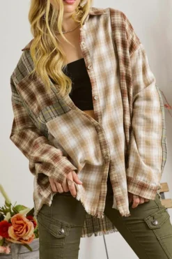 Clearance Dear-Lover Multi Plaid Patchwork Raw Edge Casual Shirt Brown