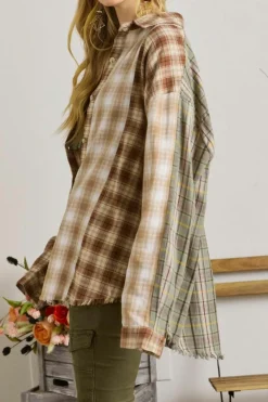 Clearance Dear-Lover Multi Plaid Patchwork Raw Edge Casual Shirt Brown