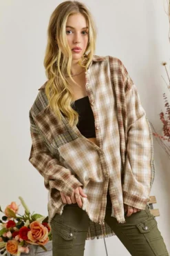 Clearance Dear-Lover Multi Plaid Patchwork Raw Edge Casual Shirt Brown