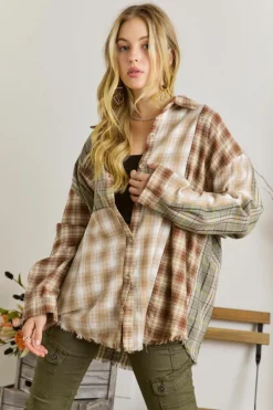 Clearance Dear-Lover Multi Plaid Patchwork Raw Edge Casual Shirt Brown