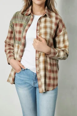 Clearance Dear-Lover Multi Plaid Patchwork Raw Edge Casual Shirt Brown