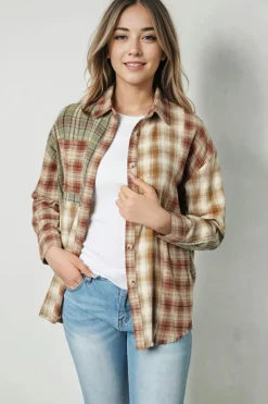Clearance Dear-Lover Multi Plaid Patchwork Raw Edge Casual Shirt Brown
