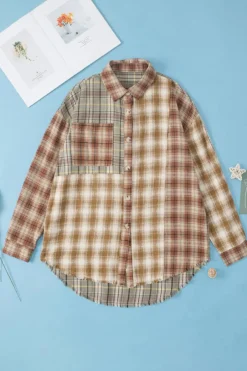 Clearance Dear-Lover Multi Plaid Patchwork Raw Edge Casual Shirt Brown