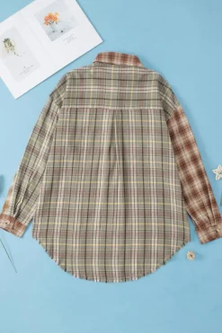 Clearance Dear-Lover Multi Plaid Patchwork Raw Edge Casual Shirt Brown