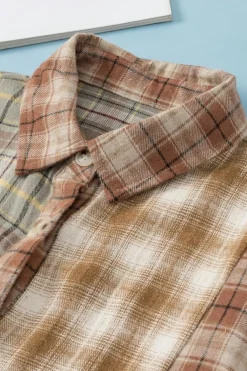 Clearance Dear-Lover Multi Plaid Patchwork Raw Edge Casual Shirt Brown