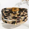 Fashion Dear-Lover Multi-layer Leopard Beaded Magnet Buckle Bracelet Brown