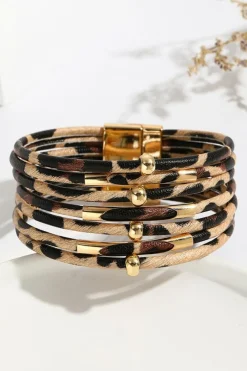 Fashion Dear-Lover Multi-layer Leopard Beaded Magnet Buckle Bracelet Brown