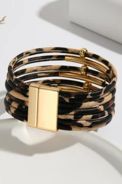 Fashion Dear-Lover Multi-layer Leopard Beaded Magnet Buckle Bracelet Brown
