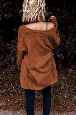 Outlet Dear-Lover Open Front Woven Texture Knitted Cardigan with Pockets Brown