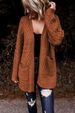 Outlet Dear-Lover Open Front Woven Texture Knitted Cardigan with Pockets Brown