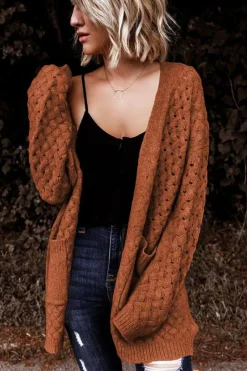 Outlet Dear-Lover Open Front Woven Texture Knitted Cardigan with Pockets Brown