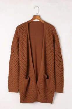 Outlet Dear-Lover Open Front Woven Texture Knitted Cardigan with Pockets Brown