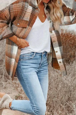 Online Dear-Lover Brown Plaid Flap Pockets Shacket Gold Flame