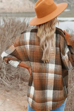 Online Dear-Lover Brown Plaid Flap Pockets Shacket Gold Flame