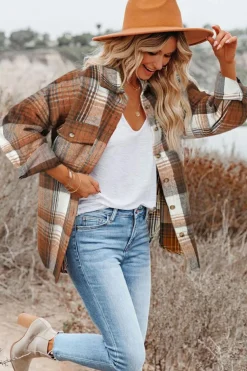 Online Dear-Lover Brown Plaid Flap Pockets Shacket Gold Flame