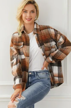 Online Dear-Lover Brown Plaid Flap Pockets Shacket Gold Flame