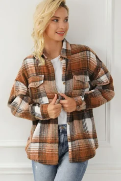 Online Dear-Lover Brown Plaid Flap Pockets Shacket Gold Flame