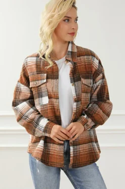 Online Dear-Lover Brown Plaid Flap Pockets Shacket Gold Flame
