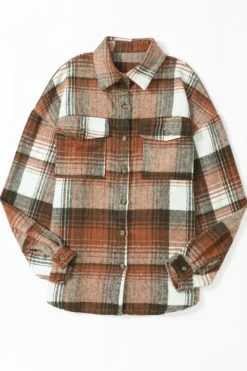 Online Dear-Lover Brown Plaid Flap Pockets Shacket Gold Flame