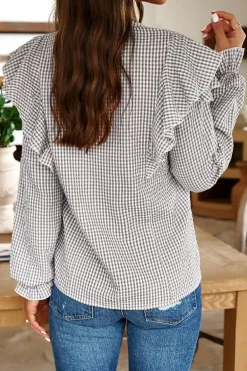 Outlet Dear-Lover Plaid Flounce Sleeve Notched Neck Ruffled Shirt Brown