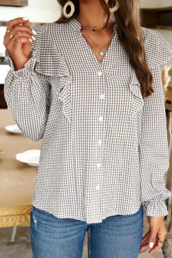 Outlet Dear-Lover Plaid Flounce Sleeve Notched Neck Ruffled Shirt Brown
