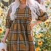 New Dear-Lover Plaid Pattern Empire Waist Babydoll Dress Brown