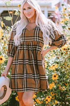 New Dear-Lover Plaid Pattern Empire Waist Babydoll Dress Brown