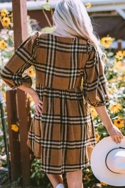 New Dear-Lover Plaid Pattern Empire Waist Babydoll Dress Brown
