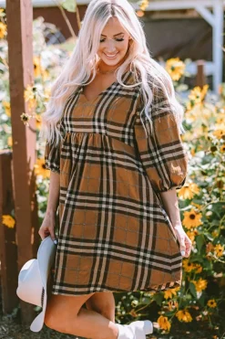New Dear-Lover Plaid Pattern Empire Waist Babydoll Dress Brown