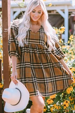 New Dear-Lover Plaid Pattern Empire Waist Babydoll Dress Brown