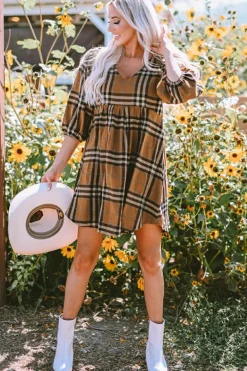 New Dear-Lover Plaid Pattern Empire Waist Babydoll Dress Brown