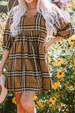 New Dear-Lover Plaid Pattern Empire Waist Babydoll Dress Brown