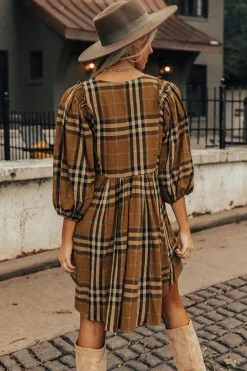 New Dear-Lover Plaid Pattern Empire Waist Babydoll Dress Brown