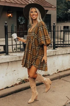 New Dear-Lover Plaid Pattern Empire Waist Babydoll Dress Brown