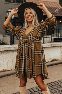 New Dear-Lover Plaid Pattern Empire Waist Babydoll Dress Brown
