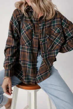 Hot Dear-Lover Plaid Print Chest Pockets Buttoned Shirt Jacket Brown