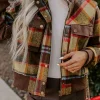 Outlet Dear-Lover Plaid Print Chest Pockets Button Zipper Stand Neck Jacket Brown