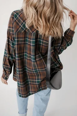 Hot Dear-Lover Plaid Print Chest Pockets Buttoned Shirt Jacket Brown