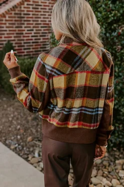 Outlet Dear-Lover Plaid Print Chest Pockets Button Zipper Stand Neck Jacket Brown