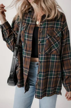 Hot Dear-Lover Plaid Print Chest Pockets Buttoned Shirt Jacket Brown