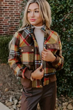 Outlet Dear-Lover Plaid Print Chest Pockets Button Zipper Stand Neck Jacket Brown